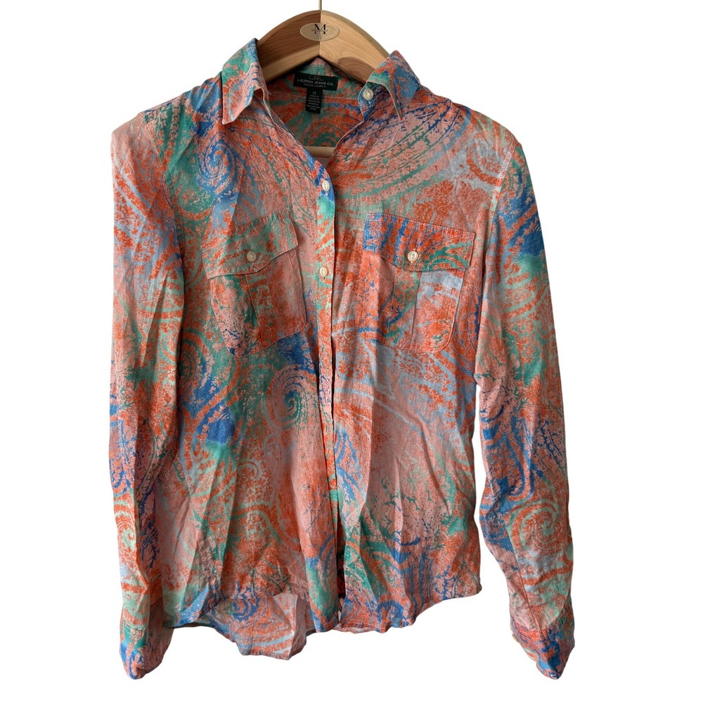 Lauren Ralph Lauren Cotton Paisley Button Down Shirt Orange Blue Teal Medium